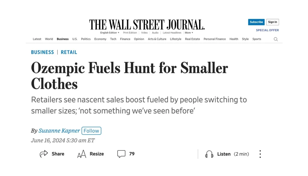 Wall Street Journal article titled Ozempic Fuels Hunt for Smaller Clothes